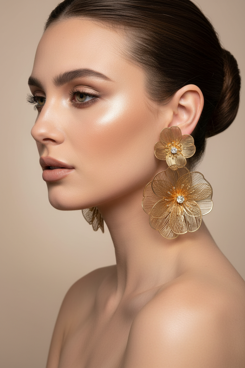 Pair of gold floral earrings with diamond centers on a white background